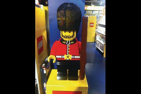A giant Lego Beefeater in the Hamleys store